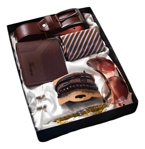Set de regalo para hombre con cartera, cinturón y lentes café
