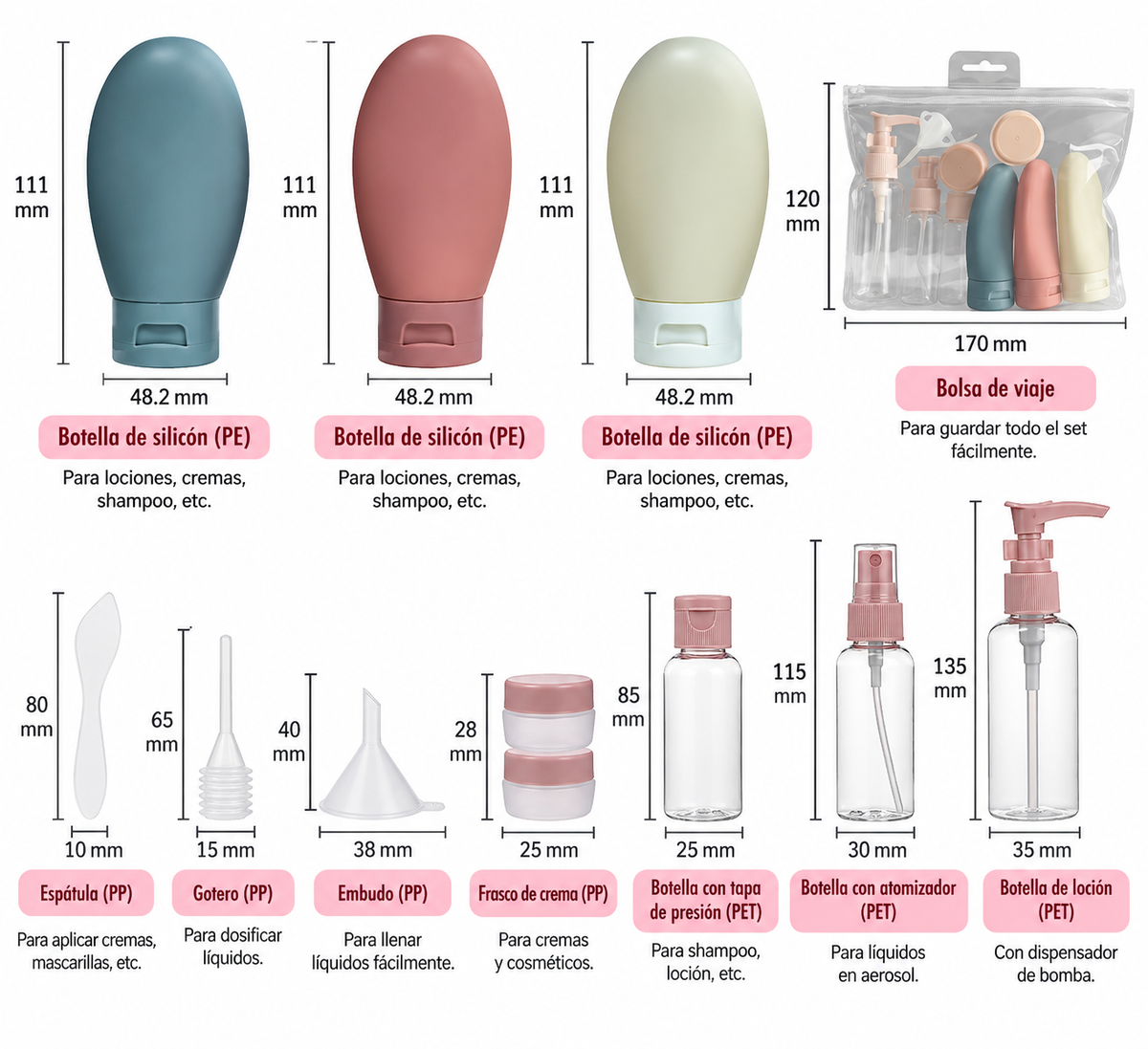 Set de 12 Envases de Viaje para Cosméticos con Bolsa y Accesorios