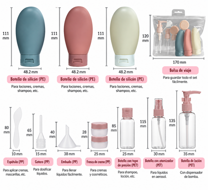 Set de 12 Envases de Viaje para Cosméticos con Bolsa y Accesorios