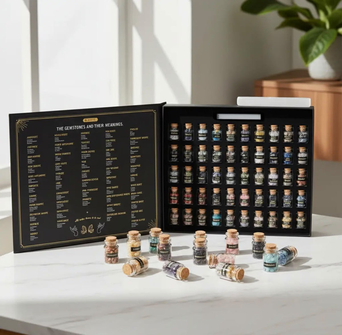 Set de 50 cuarzos, cristales y Piedras Naturales con Selenita y Estuche Organizador