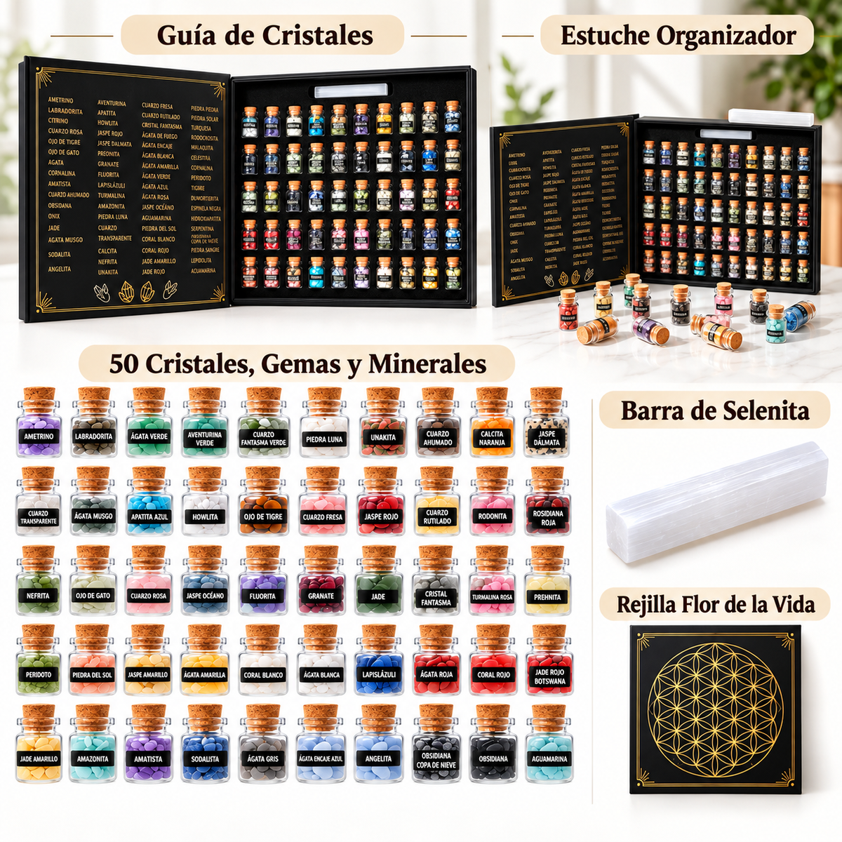 Set de 50 cuarzos, cristales y Piedras Naturales con Selenita y Estuche Organizador