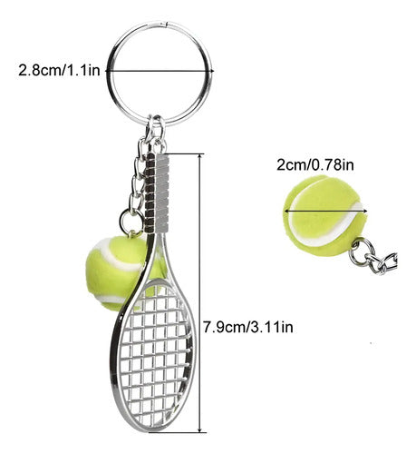 Llavero de raqueta y pelota de tenis en plateado y verde