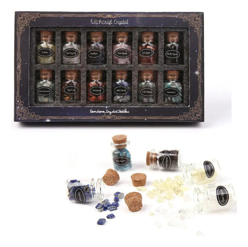 Set de 12 botellas de piedras naturales y cuarzos decorativos