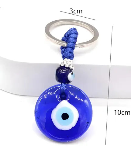 Llavero de ojo turco azul de vidrio con correa