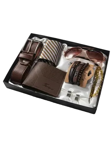 Set de regalo para hombre con cartera, cinturón y lentes café