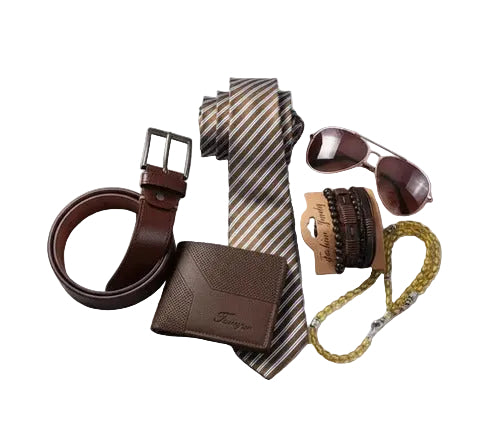 Set de regalo para hombre con cartera, cinturón y lentes café