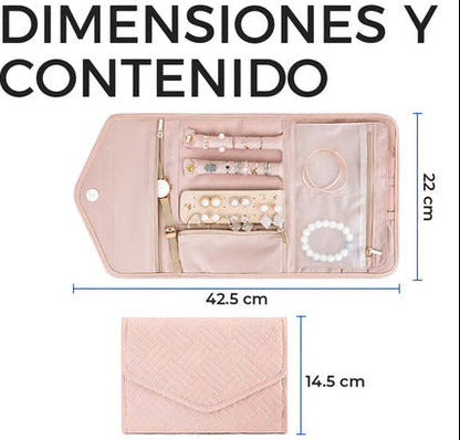 Organizador de joyas de viaje plegable rosa con 10 espacios