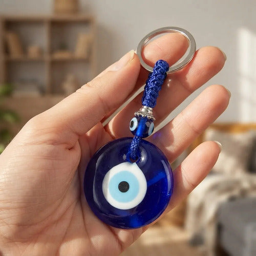 Llavero de ojo turco azul de vidrio con correa