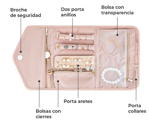Organizador de joyas de viaje plegable rosa con 10 espacios