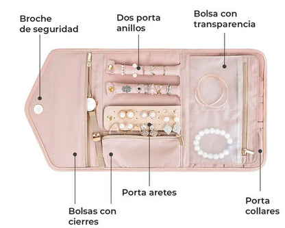 Organizador de joyas de viaje plegable rosa con 10 espacios