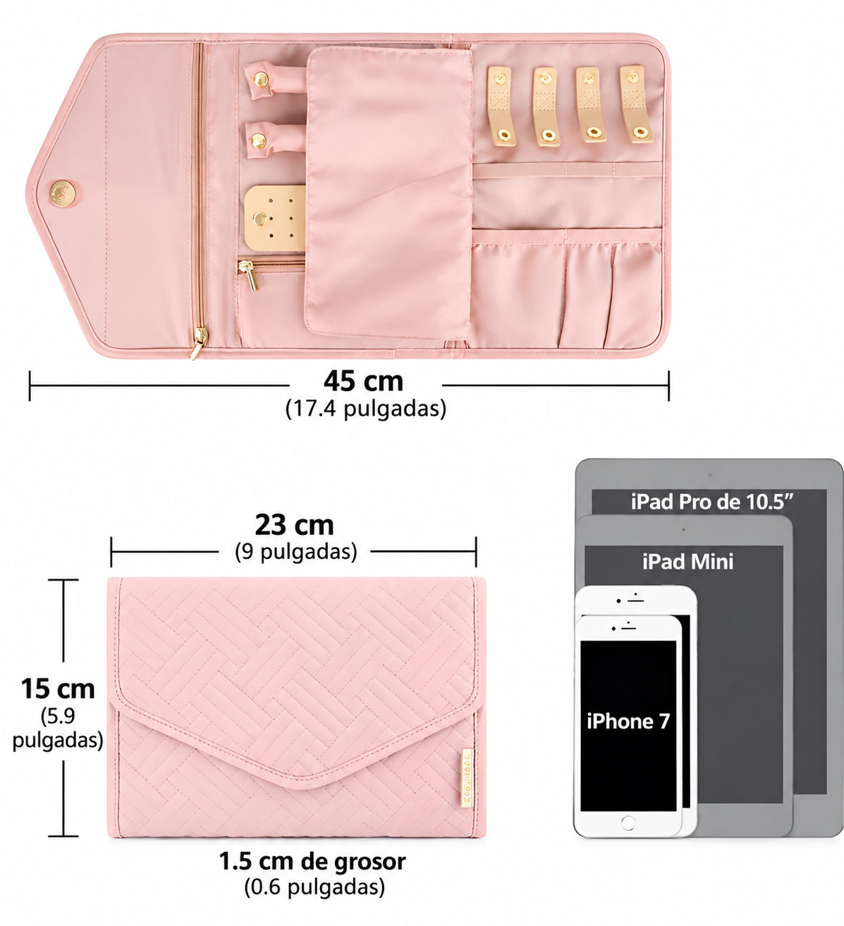 Organizador de Joyas de Viaje tipo sobre Plegable Rosa con 10 Compartimentos