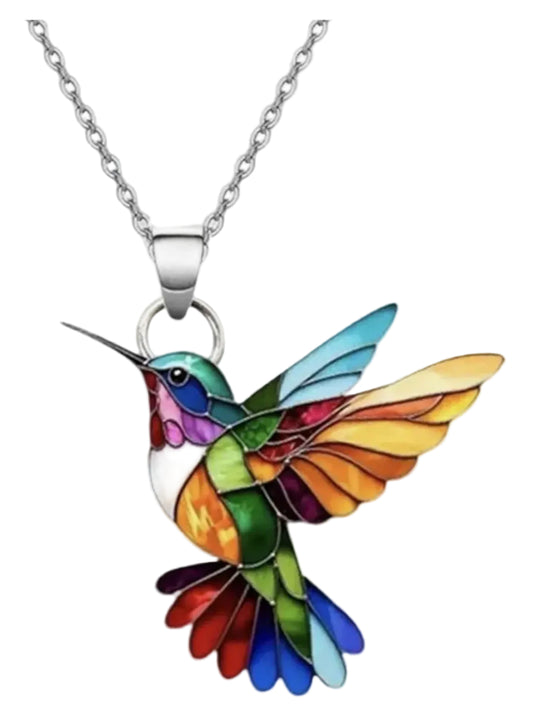 Cadena con dije de colibrí multicolor tipo vitral de 45 cm