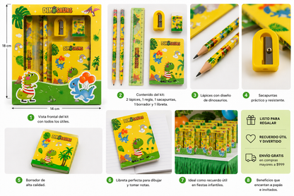 Kit de Papelería Escolar Dinosaurio | Recuerdo para Fiesta Infantil