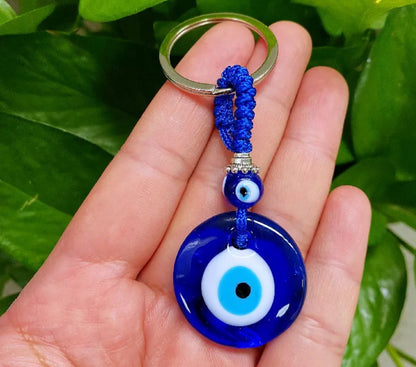 Llavero de ojo turco azul de vidrio con correa y argolla metálica
