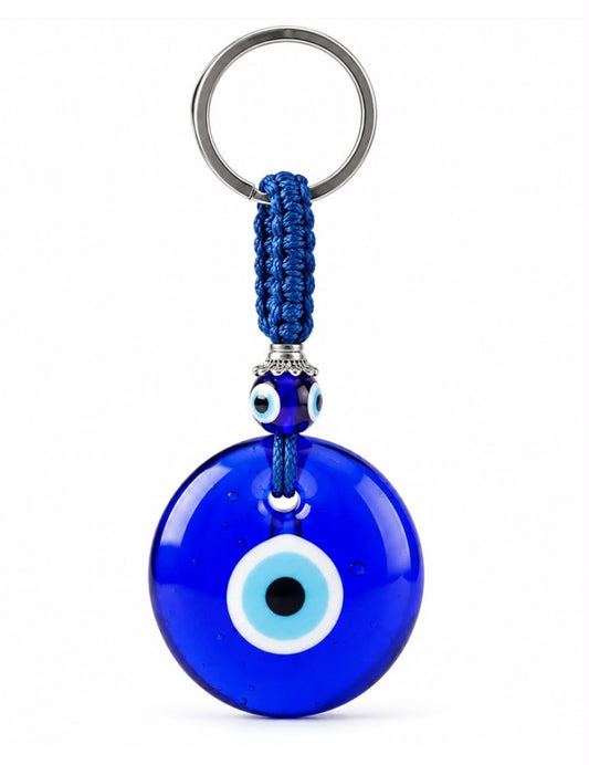 Llavero de ojo turco azul de vidrio con correa y argolla metálica