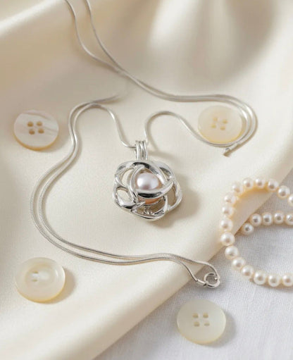 Set de Joyería de Acero Inoxidable con Collar  y dije en forma de Rosa con Perla en su Ostra Real regalo mujer