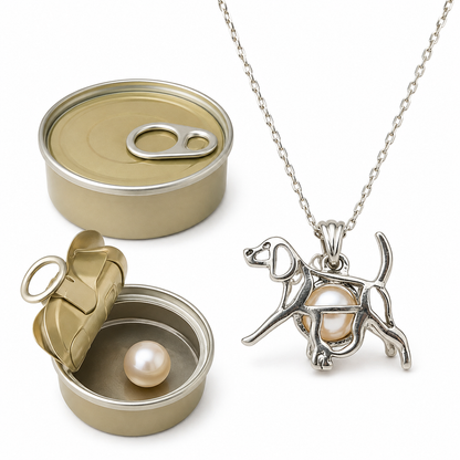 Set de collar con dije de perro y ostra cerrada con perla sorpresa