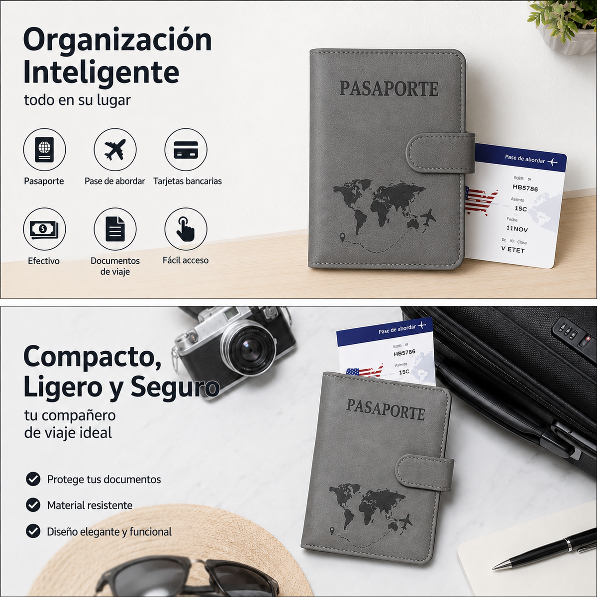 Set de 2 Portapasaportes RFID para Pareja en Gris y Rosa