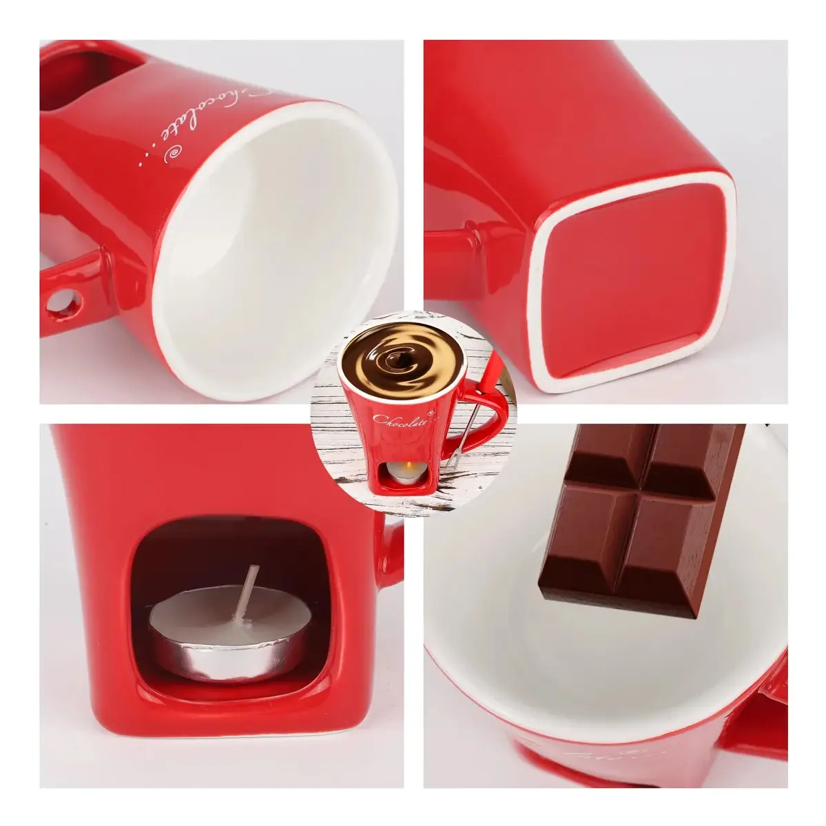 Taza Fondue de Chocolate de Cerámica Roja 200 ml con Tenedor