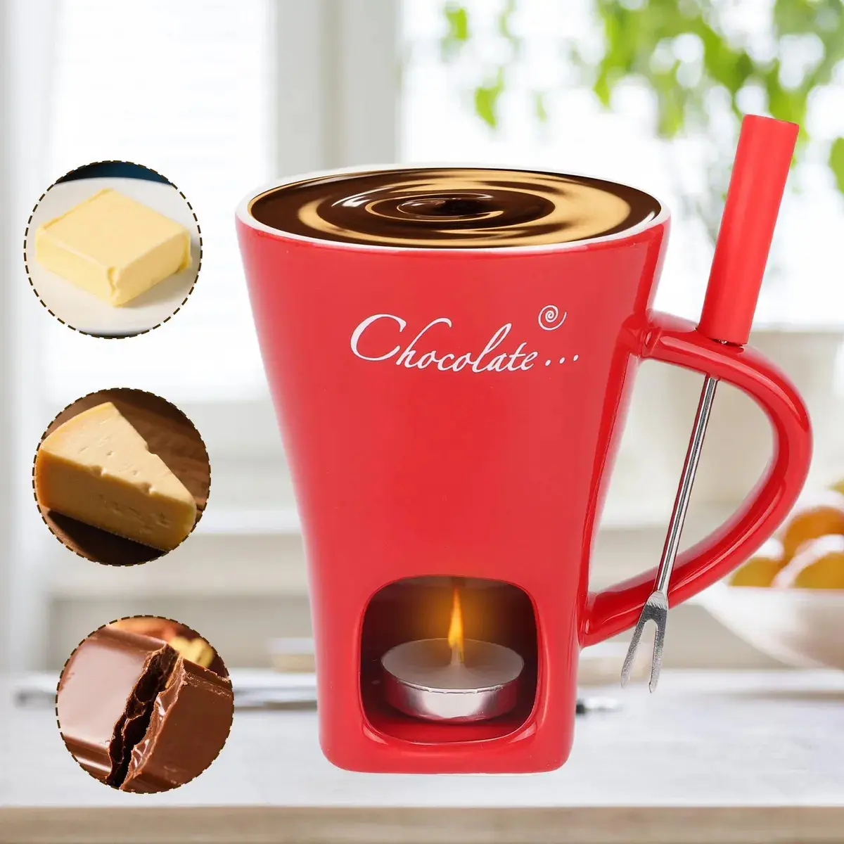 Taza Fondue de Chocolate de Cerámica Roja 200 ml con Tenedor