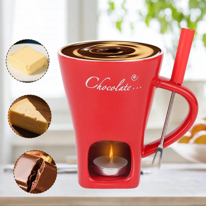 Taza Fondue de Chocolate de Cerámica Roja 200 ml con Tenedor