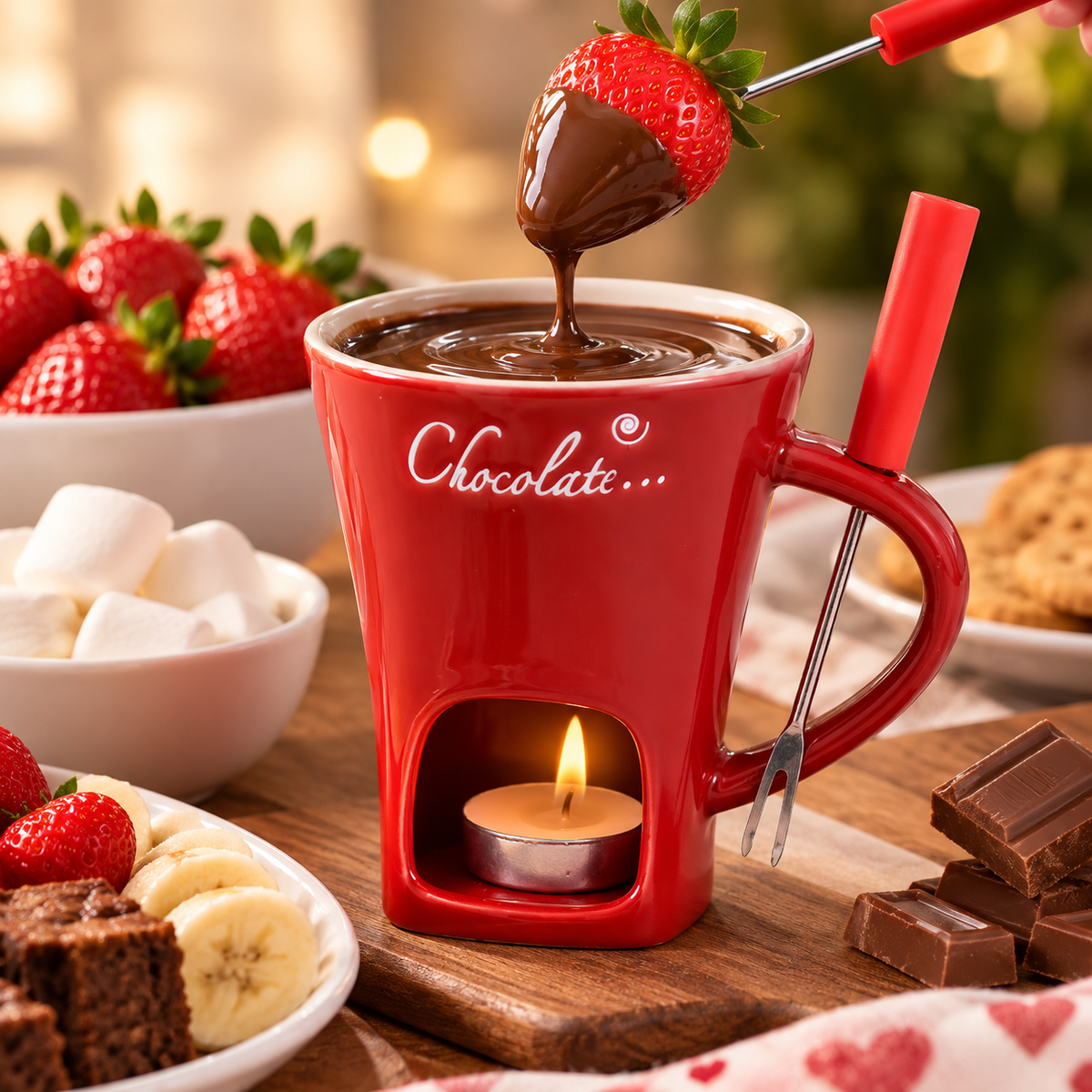 Taza fondue de chocolate de cerámica roja de 200 ml con tenedor