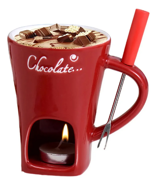 Taza Fondue de Chocolate de Cerámica Roja 200 ml con Tenedor