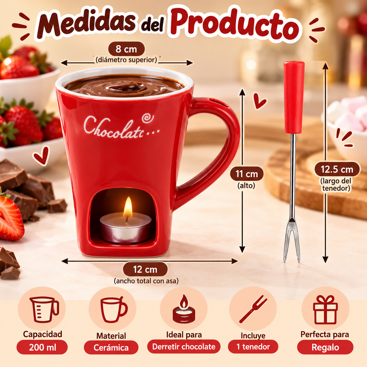 Taza Fondue de Chocolate de Cerámica Roja 200 ml con Tenedor