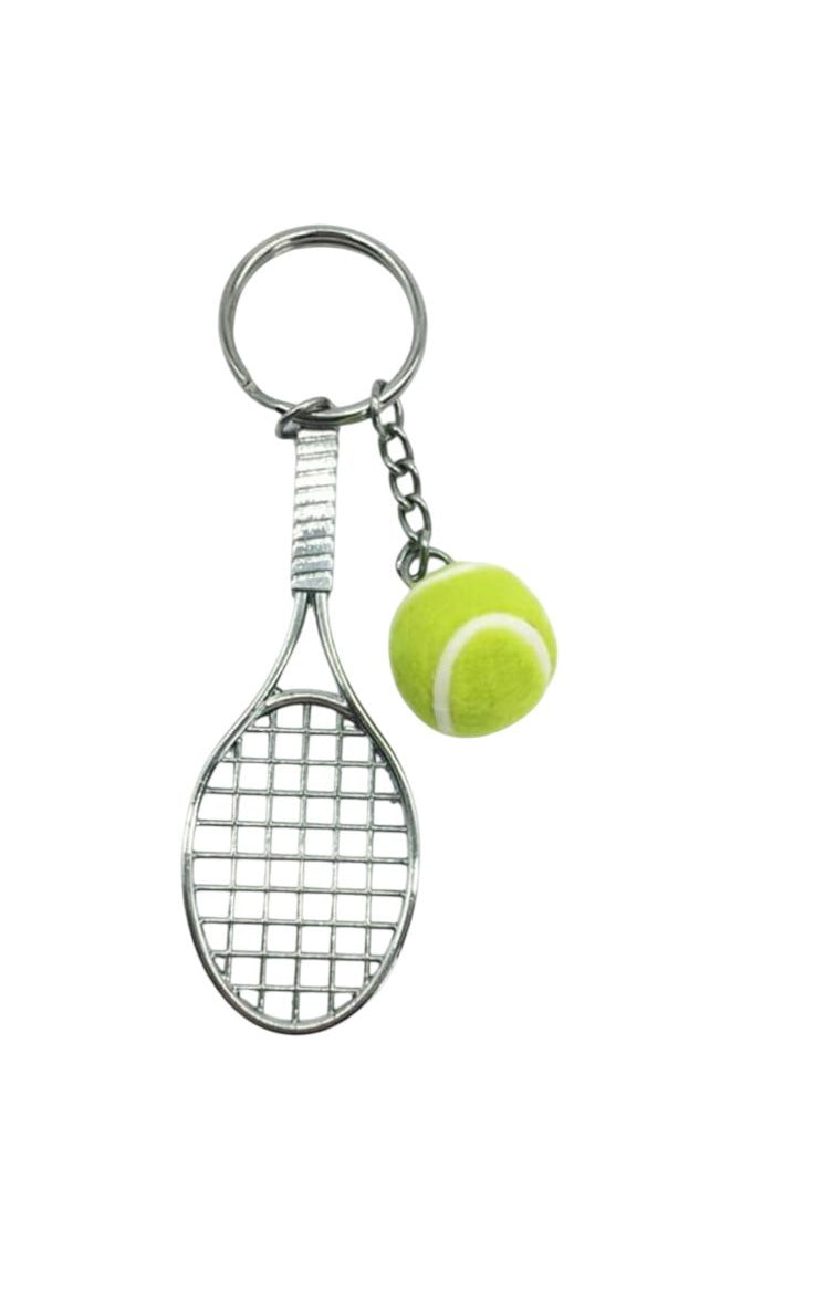 Llavero de raqueta y pelota de tenis en plateado y verde